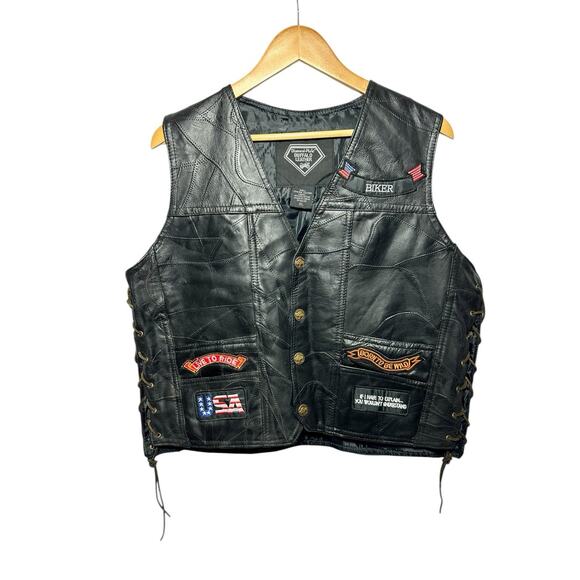 Biker Vest Mens XL Buffalo Leather Diamond Plate Live to Ride Motorcycle Patches - Picture 2 of 16